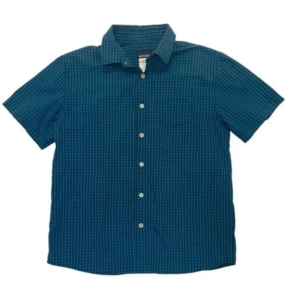 Short Sleeve Plaid Button Down Shirt Boys Size XL 14-16 blue short sleeve checks